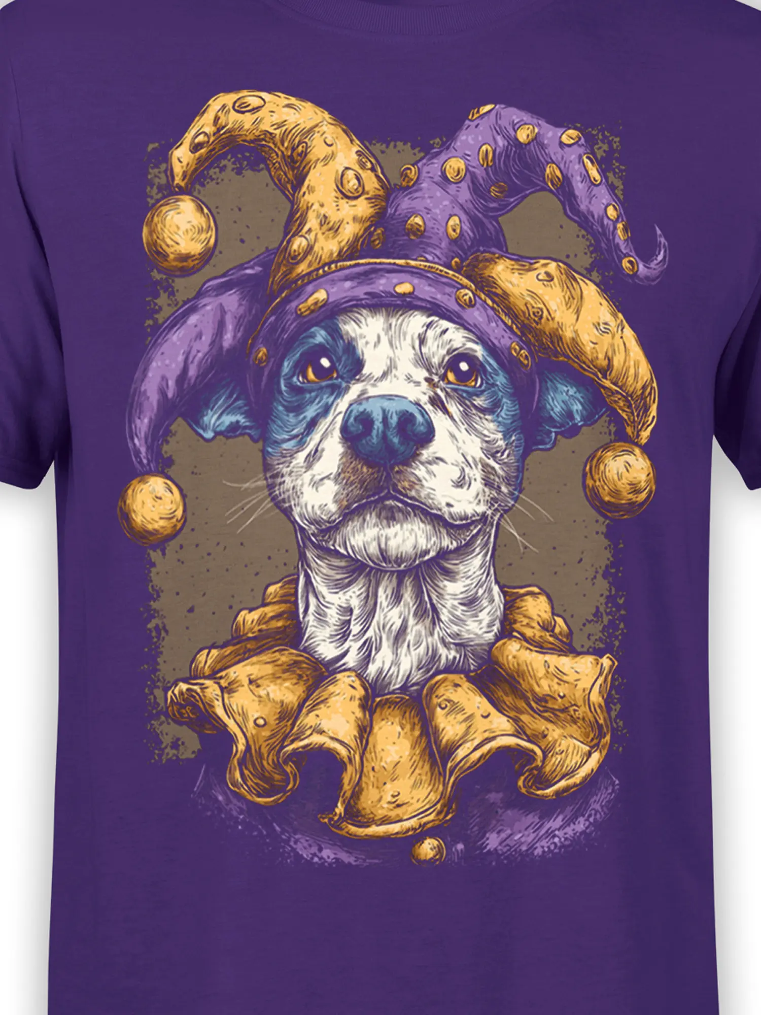 close-up of the detailed jester dog artwork with ruffled collar and hat on purple fabric