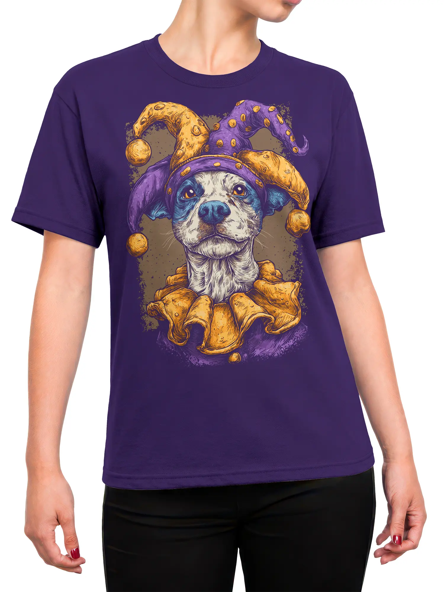 female model wearing purple jester dog shirt with bold gold and purple artwork
