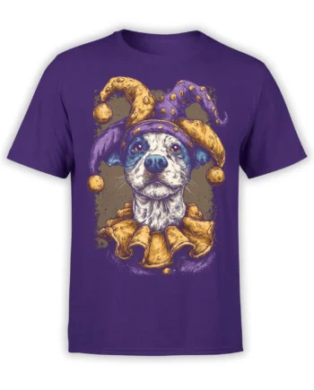 purple unisex shirt with detailed jester dog illustration in gold and purple tones on the front