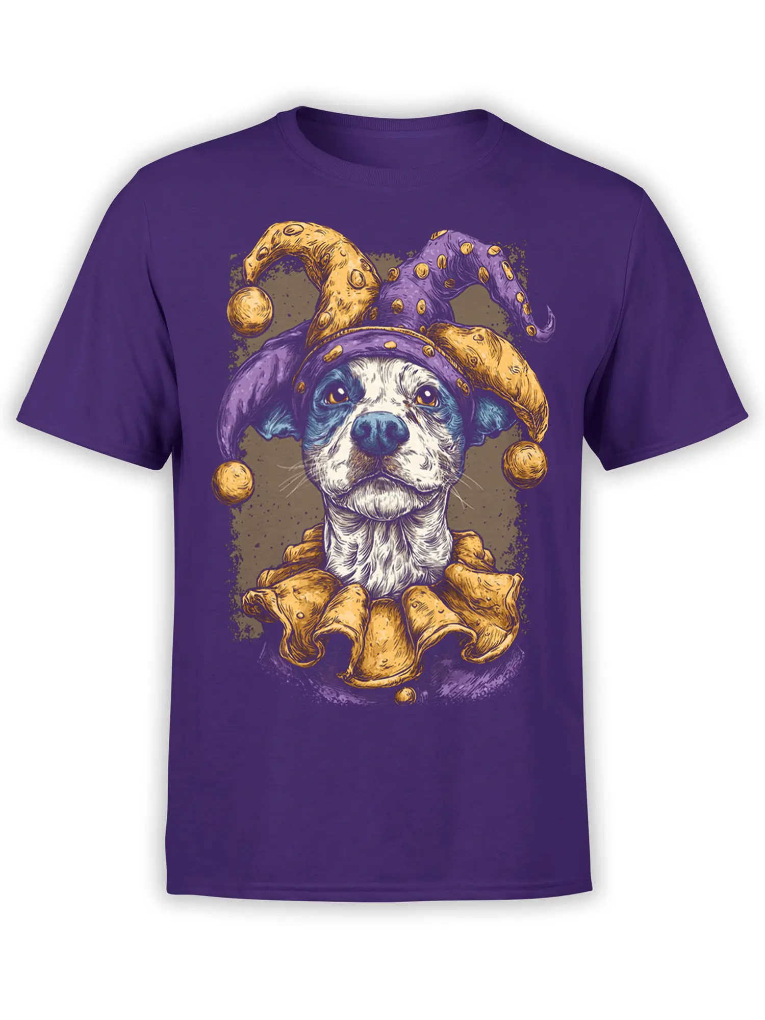 purple unisex shirt with detailed jester dog illustration in gold and purple tones on the front