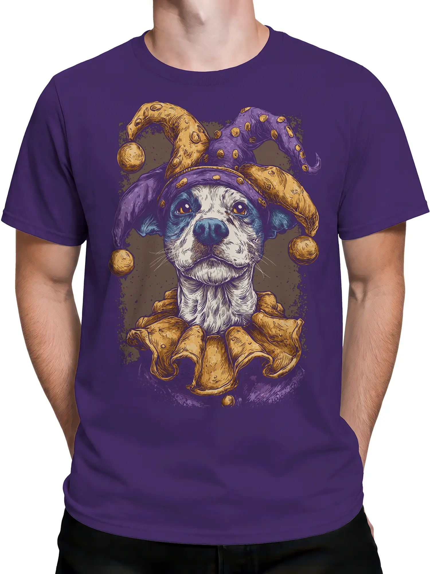 male model wearing purple shirt with detailed jester dog illustration on chest