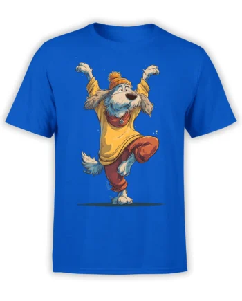 Bright blue unisex t-shirt with a cartoon dancing dog in a beanie, sweatshirt, and pants, captured in a playful mid-step pose.