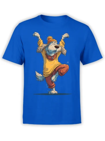 Bright blue unisex t-shirt with a cartoon dancing dog in a beanie, sweatshirt, and pants, captured in a playful mid-step pose.