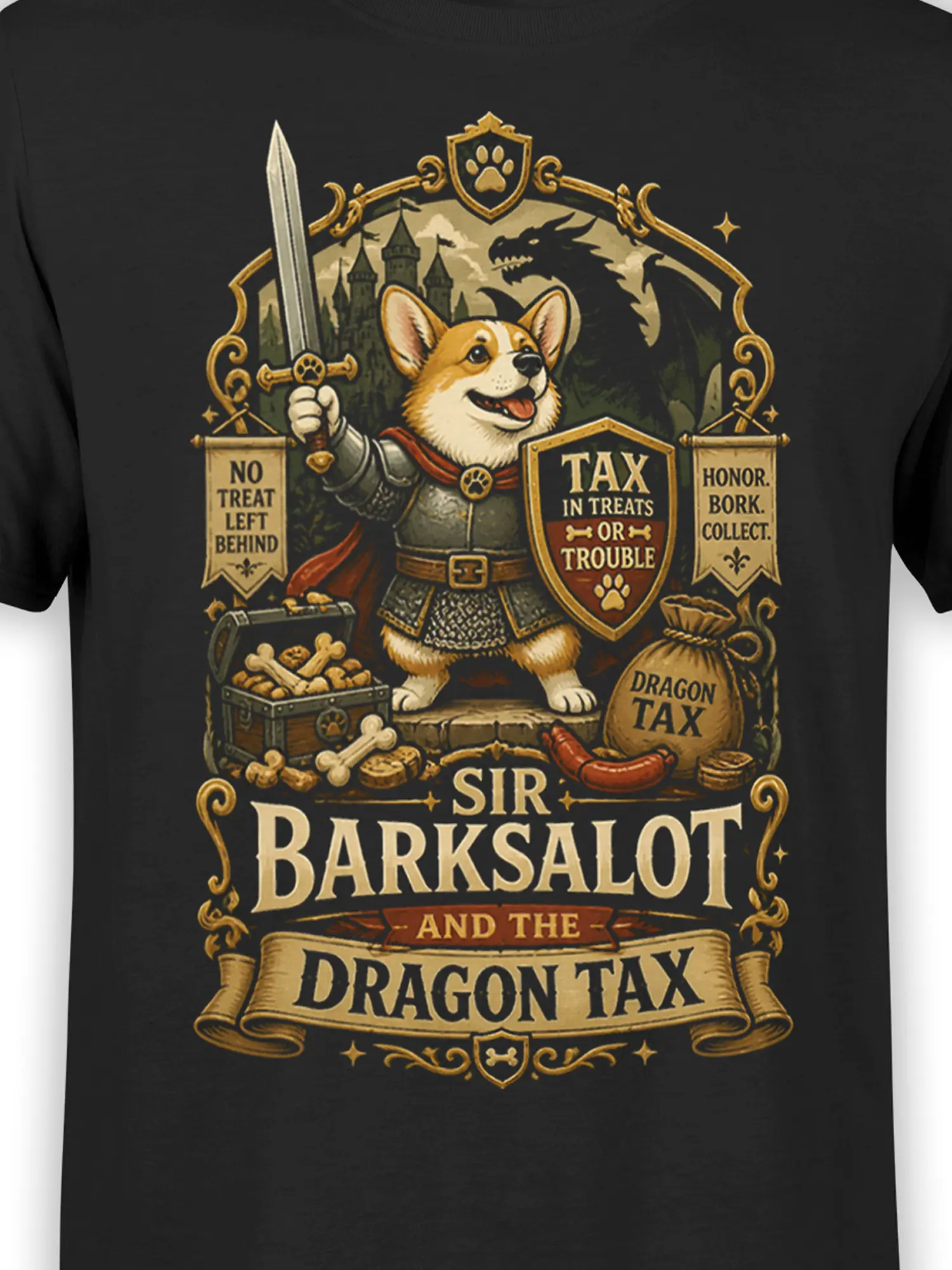 Close-up of the knight corgi “Sir Barksalot and the Dragon Tax” artwork on the black fantasy dog shirt