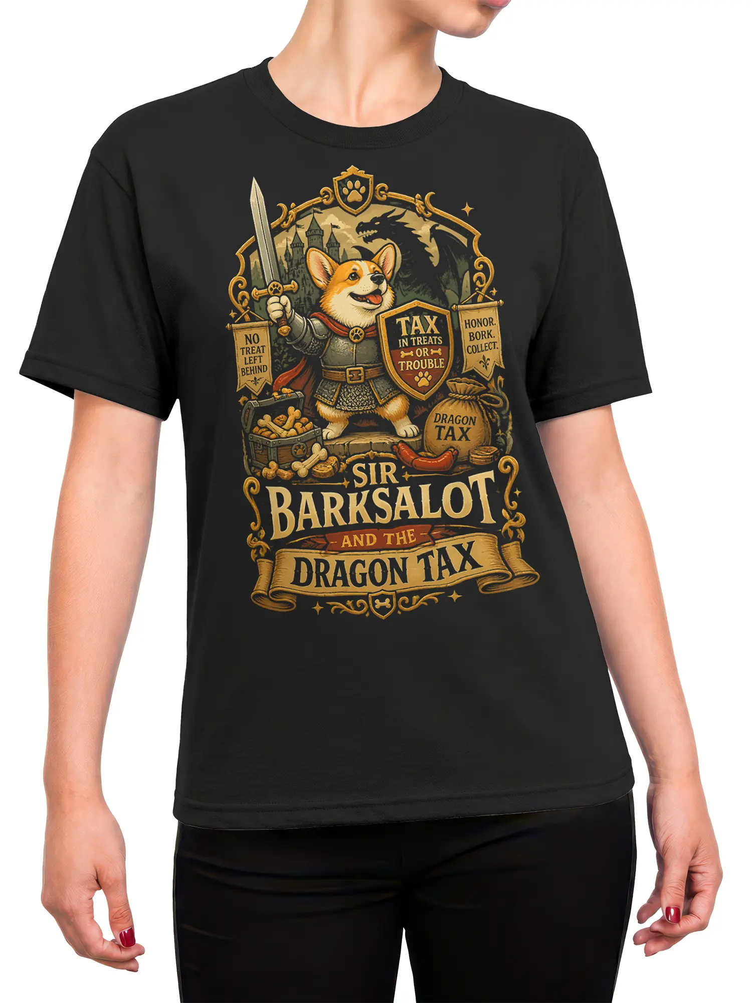 Woman wearing the black Sir Barksalot corgi knight dragon tax t-shirt styled as a casual fantasy dog outfit