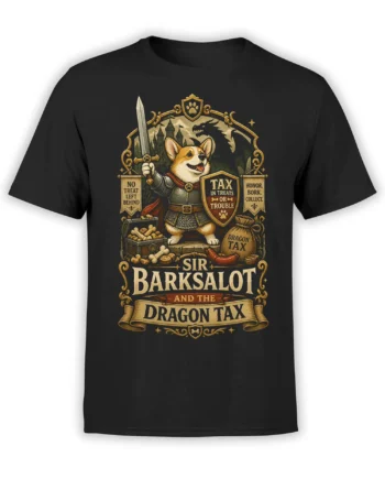 Black unisex t-shirt featuring a knight corgi holding a sword and shield, surrounded by treats, castle towers, and a dragon silhouette