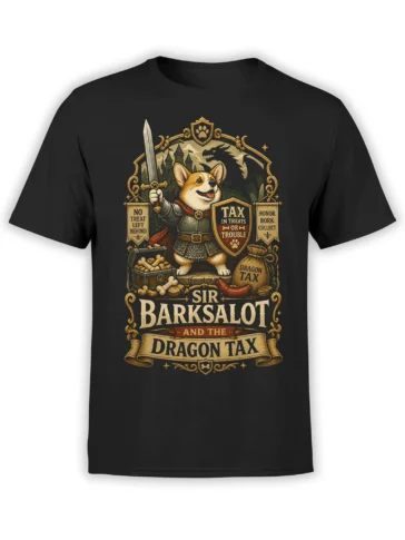 Black unisex t-shirt featuring a knight corgi holding a sword and shield, surrounded by treats, castle towers, and a dragon silhouette