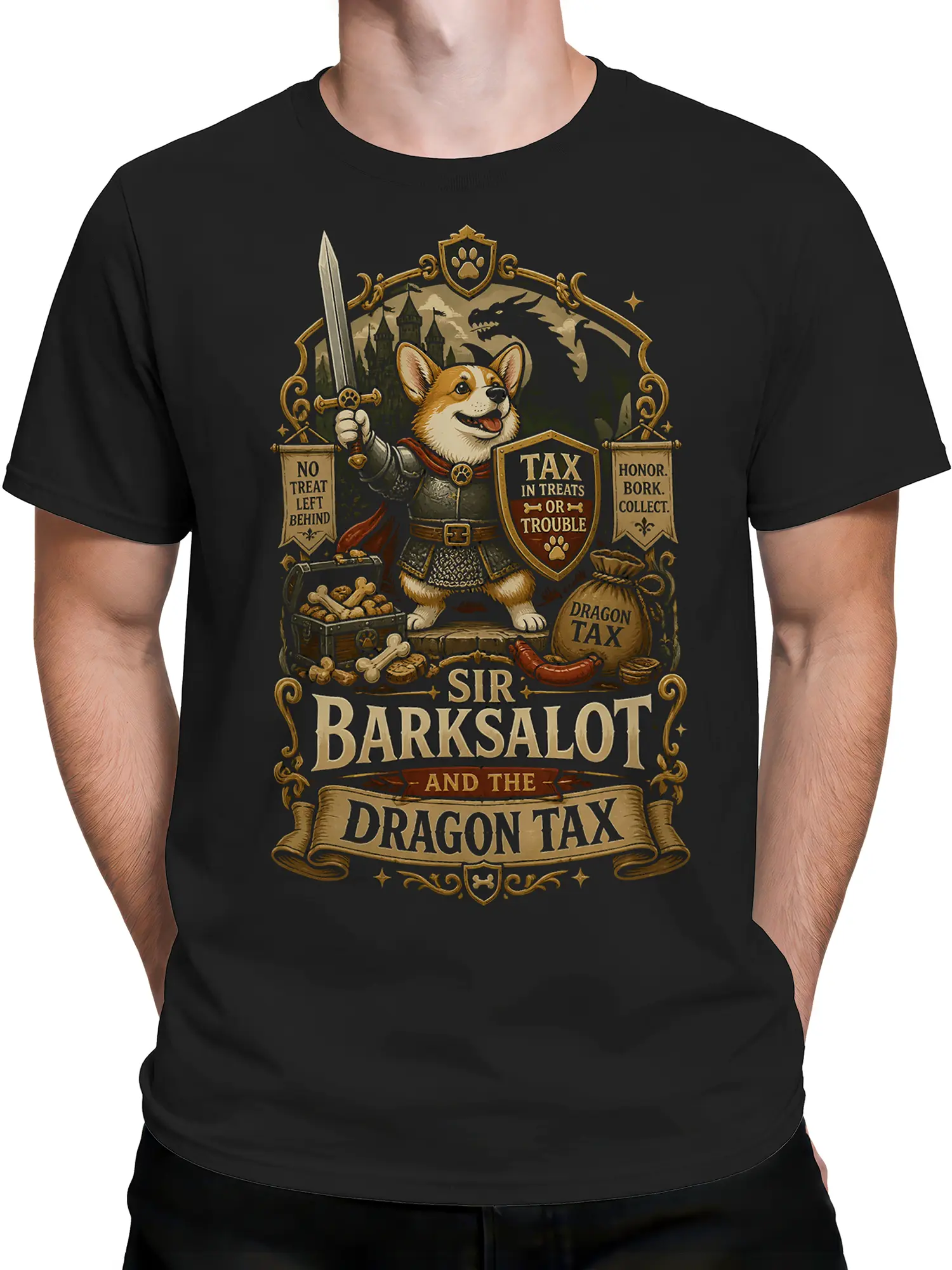 Man wearing the black knight corgi dragon tax graphic tee with medieval fantasy dog artwork