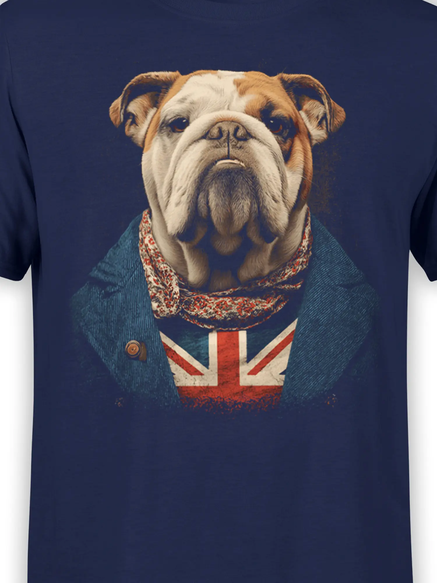 close-up of the English bulldog in teal blazer and Union Jack vest graphic on the navy shirt
