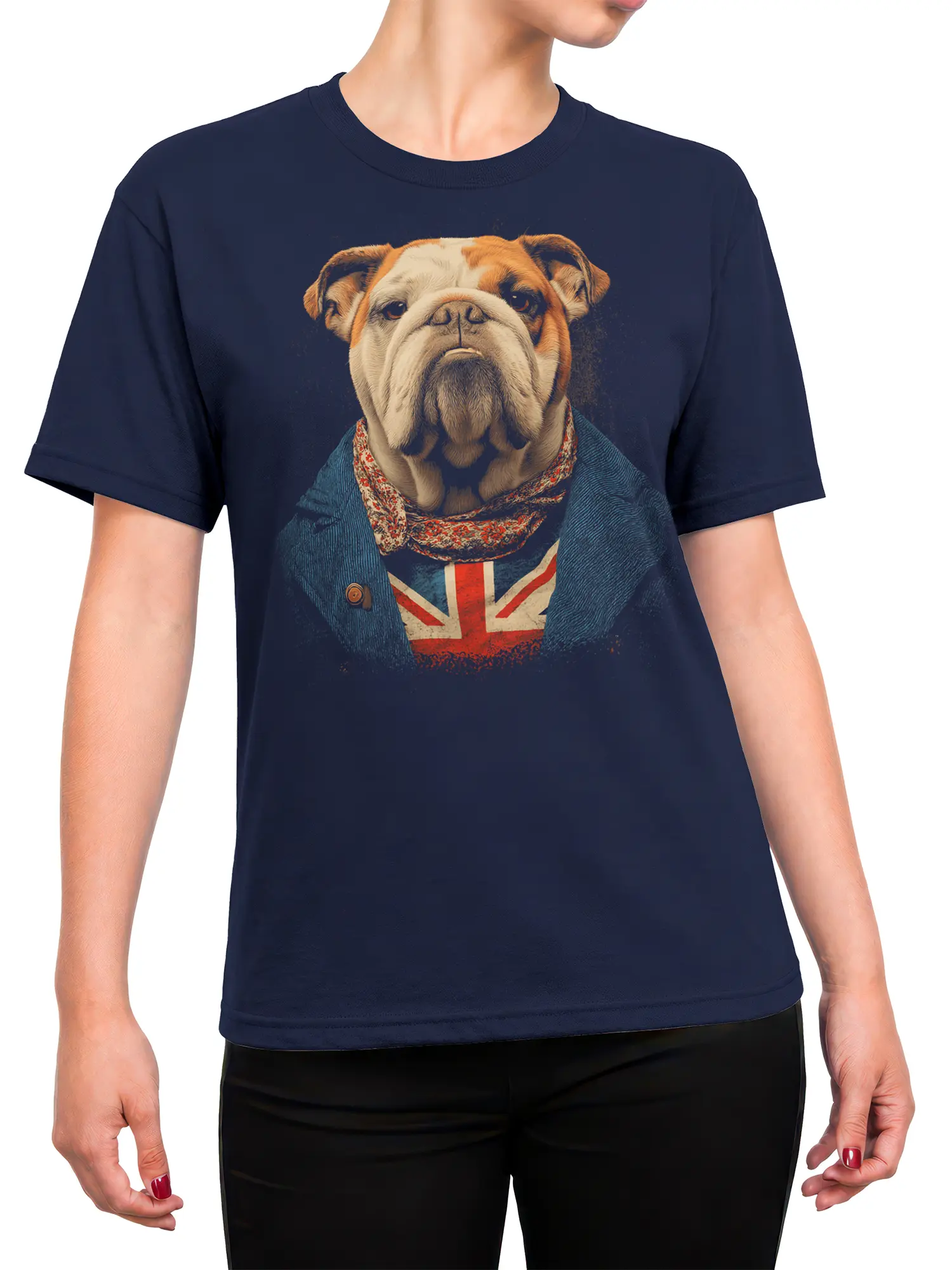 woman wearing navy shirt with dapper English bulldog in teal blazer and Union Jack vest graphic