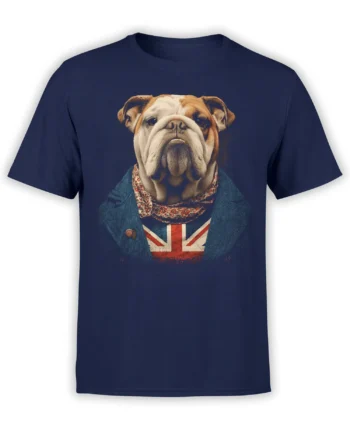 navy unisex shirt with a detailed dapper English bulldog in a teal blazer and Union Jack vest printed on the chest