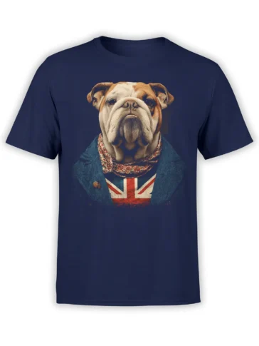navy unisex shirt with a detailed dapper English bulldog in a teal blazer and Union Jack vest printed on the chest