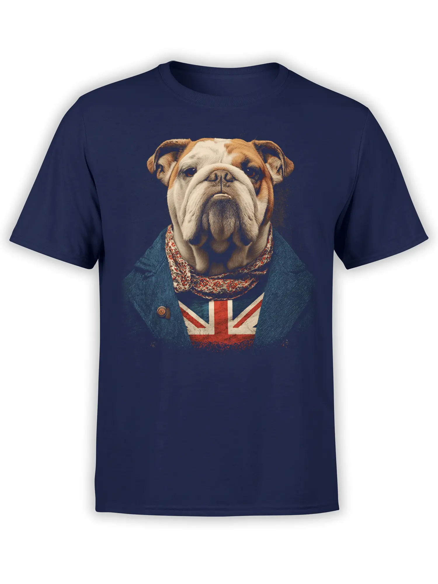 navy unisex shirt with a detailed dapper English bulldog in a teal blazer and Union Jack vest printed on the chest