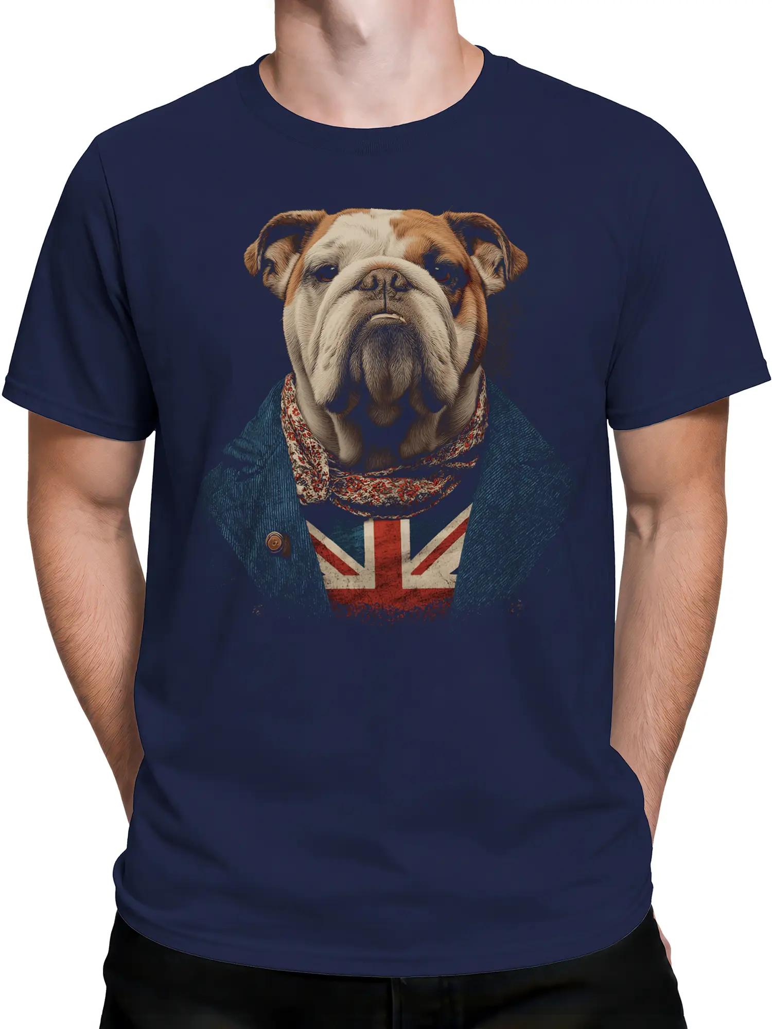 man wearing navy shirt with detailed English bulldog in teal blazer and Union Jack vest design