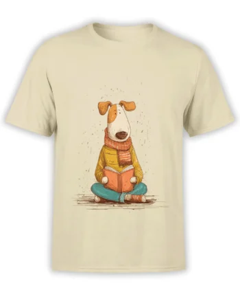 Beige unisex t-shirt featuring a cute cartoon dog sitting cross-legged and reading a book while wearing a scarf, sweater, and casual pants