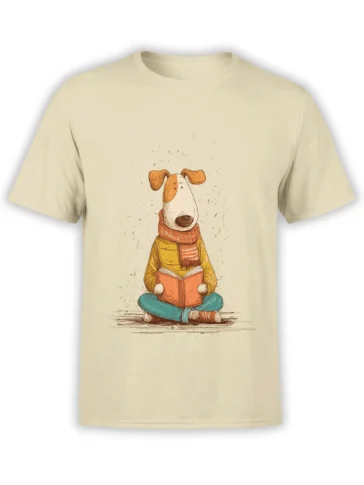 Beige unisex t-shirt featuring a cute cartoon dog sitting cross-legged and reading a book while wearing a scarf, sweater, and casual pants