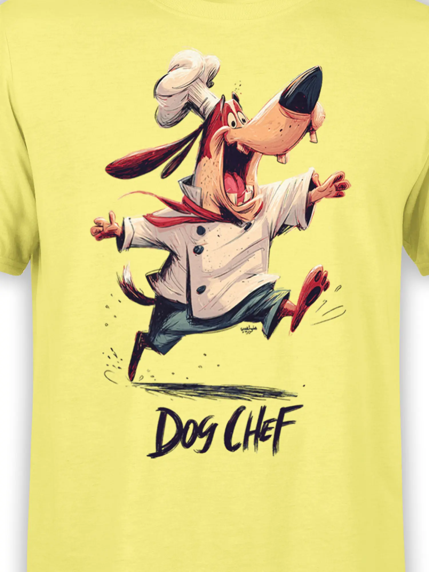 close-up of the Dog Chef graphic showing the cartoon dog in chef hat, coat, red scarf, and expressive running pose on yellow fabric