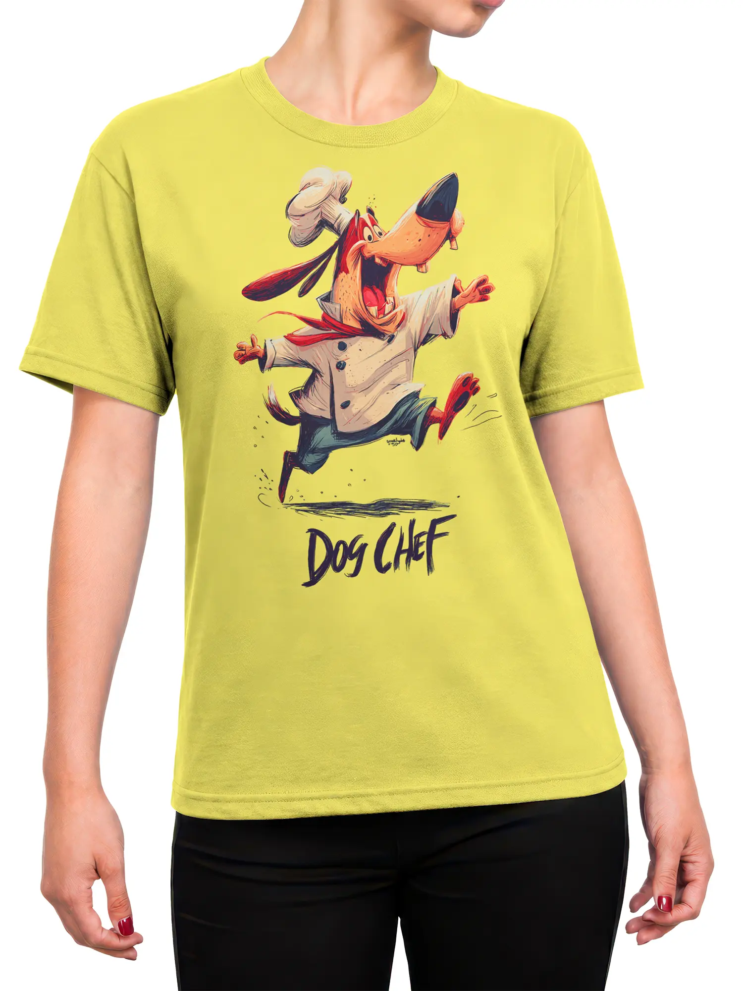 female model wearing yellow Dog Chef t-shirt with cartoon dog chef graphic centered on the chest