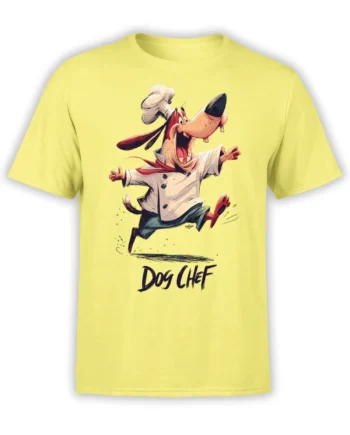 yellow unisex t-shirt with a cartoon dog chef running joyfully in a white uniform and bold Dog Chef text below the artwork