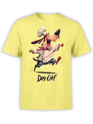 yellow unisex t-shirt with a cartoon dog chef running joyfully in a white uniform and bold Dog Chef text below the artwork