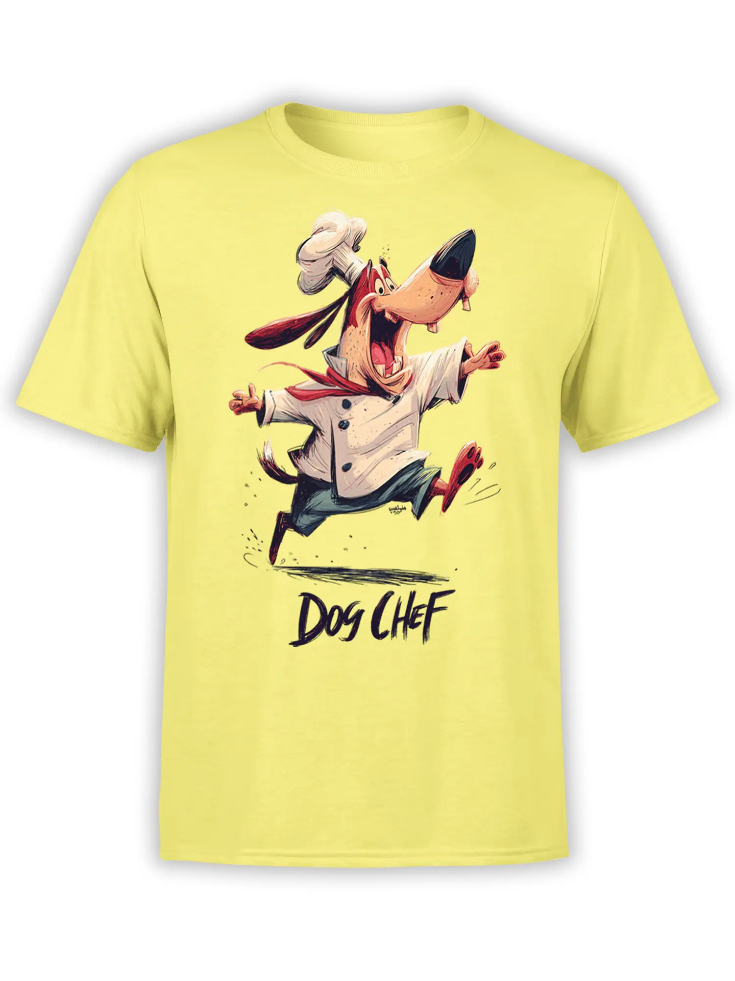 yellow unisex t-shirt with a cartoon dog chef running joyfully in a white uniform and bold Dog Chef text below the artwork