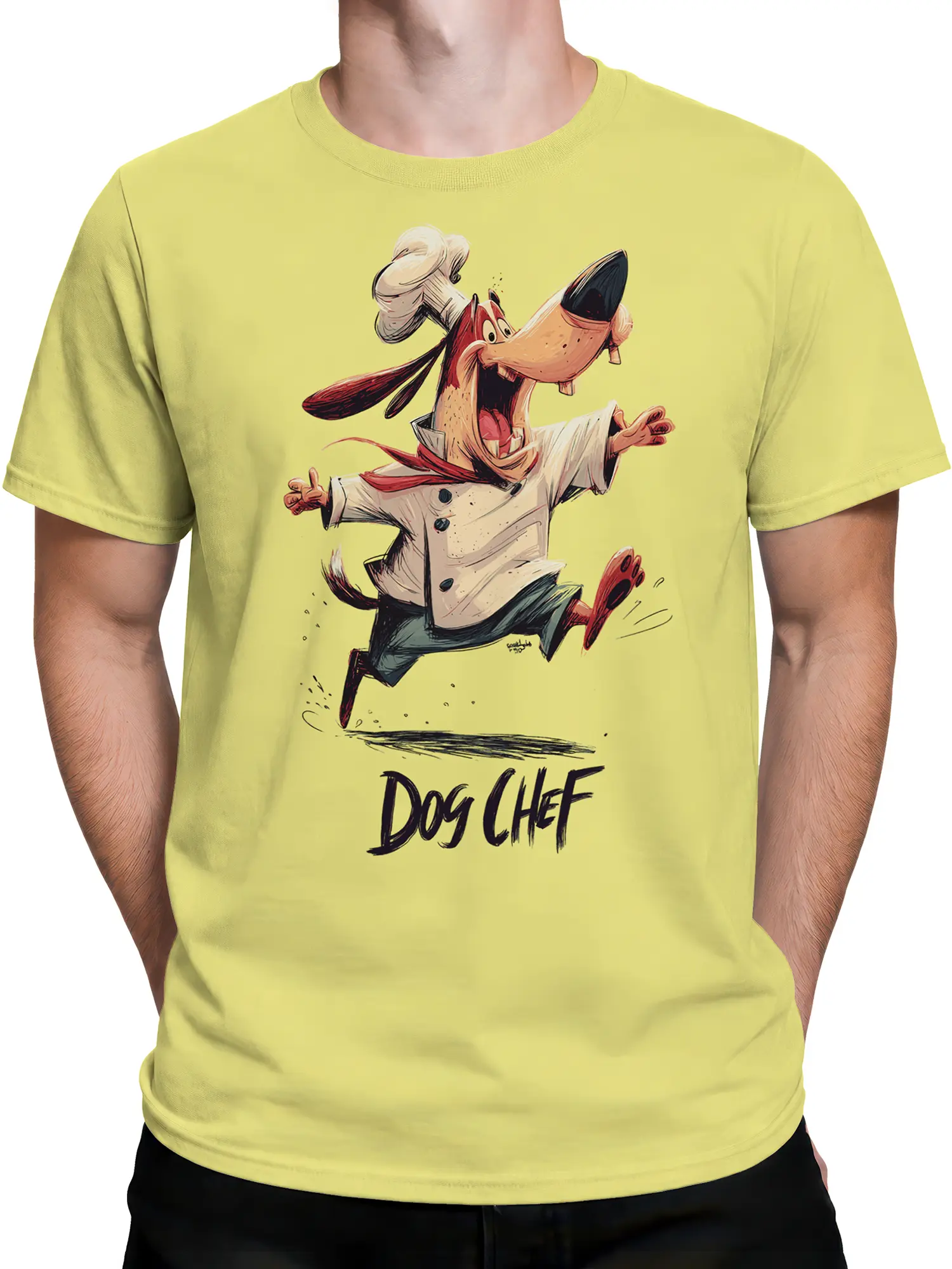male model wearing yellow Dog Chef t-shirt featuring a joyful cartoon dog chef in full uniform