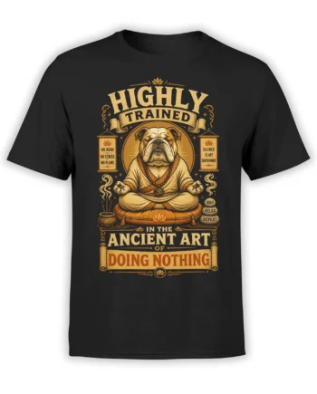 black unisex t-shirt with a meditating bulldog monk graphic and “Highly Trained in the Ancient Art of Doing Nothing” text