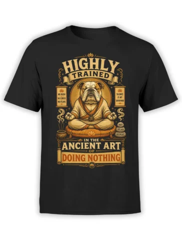 black unisex t-shirt with a meditating bulldog monk graphic and “Highly Trained in the Ancient Art of Doing Nothing” text