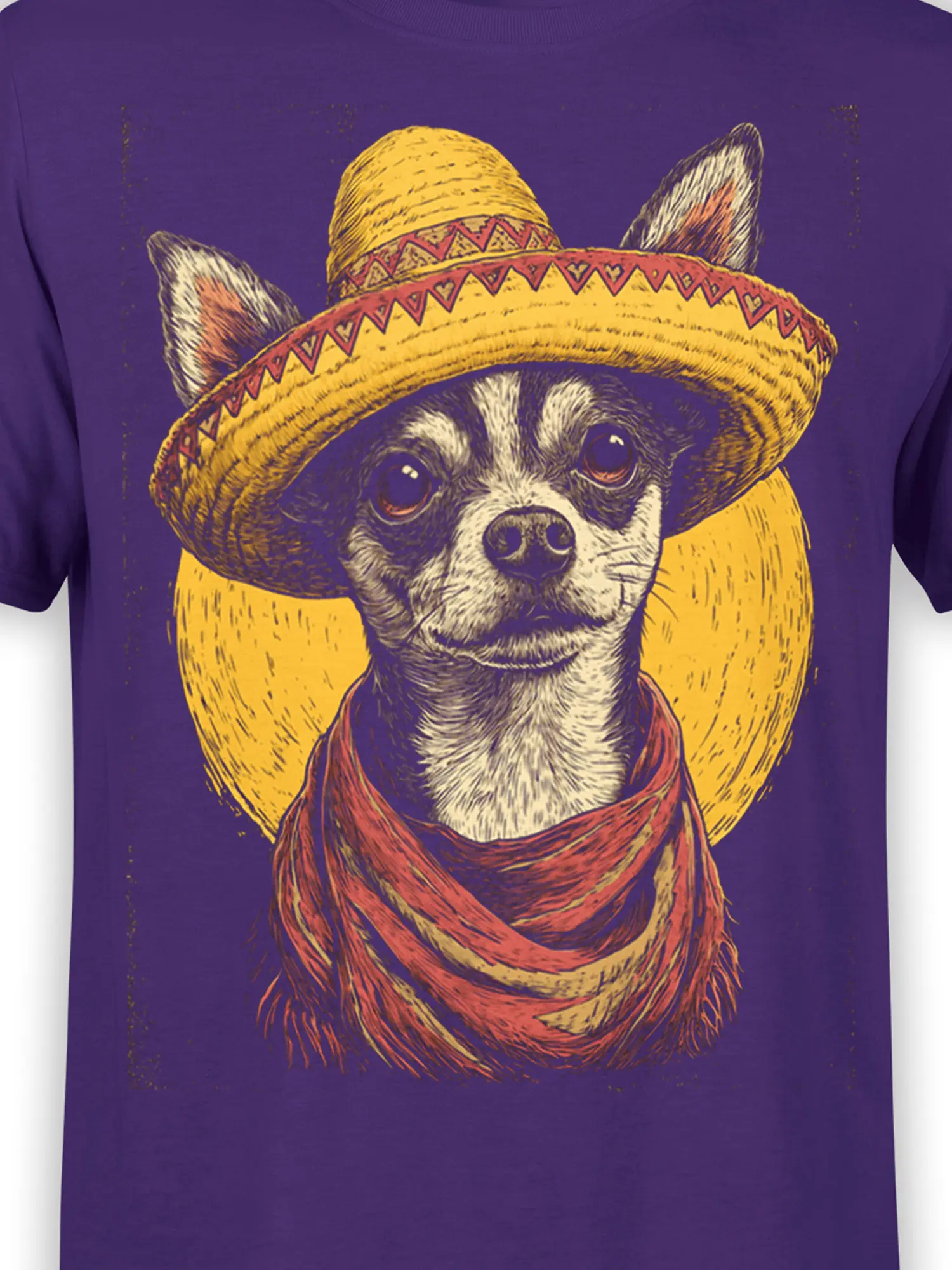 Close-up of the chihuahua sombrero graphic showing fine vintage-style linework on purple fabric