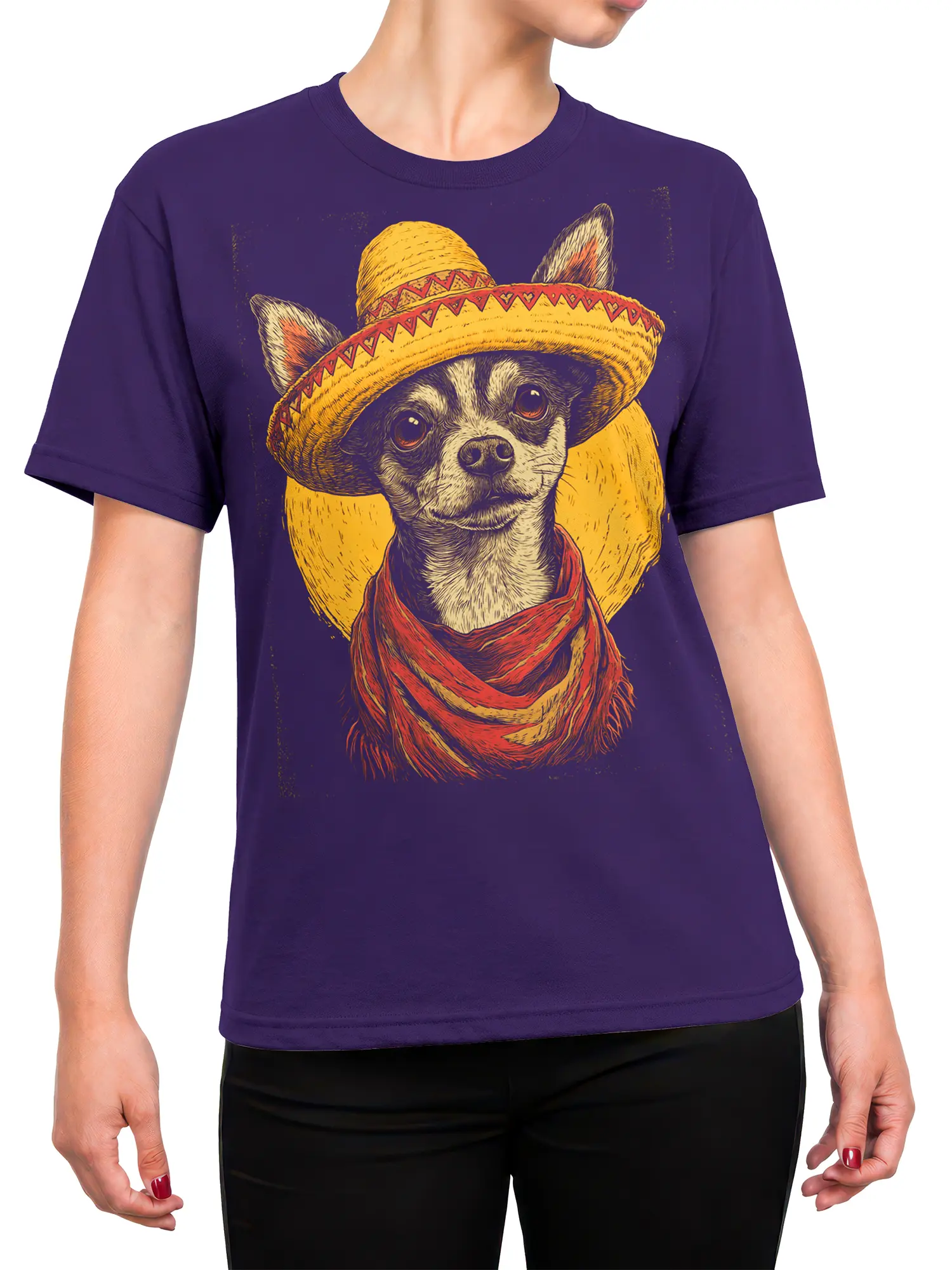 Woman wearing purple chihuahua sombrero shirt with bright yellow circle and red scarf details