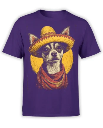 Purple unisex t-shirt with a detailed chihuahua in a yellow sombrero and red scarf framed by a yellow circle
