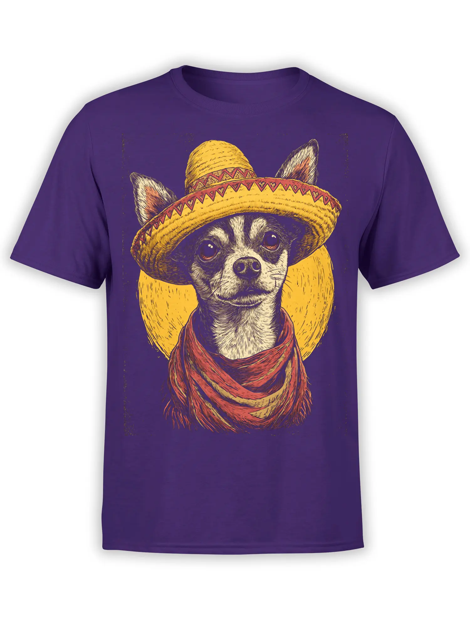 Purple unisex t-shirt with a detailed chihuahua in a yellow sombrero and red scarf framed by a yellow circle