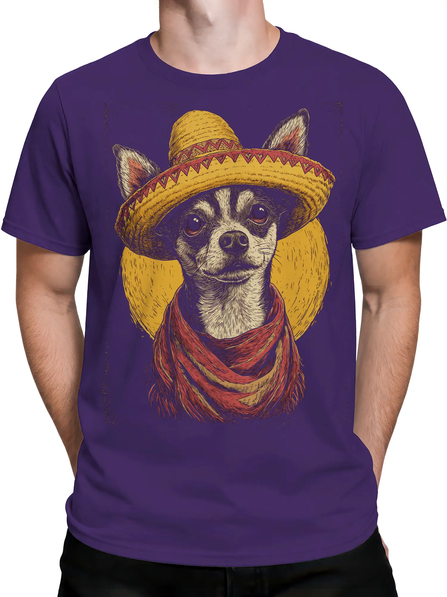 Man wearing purple t-shirt with chihuahua in yellow sombrero and red scarf graphic