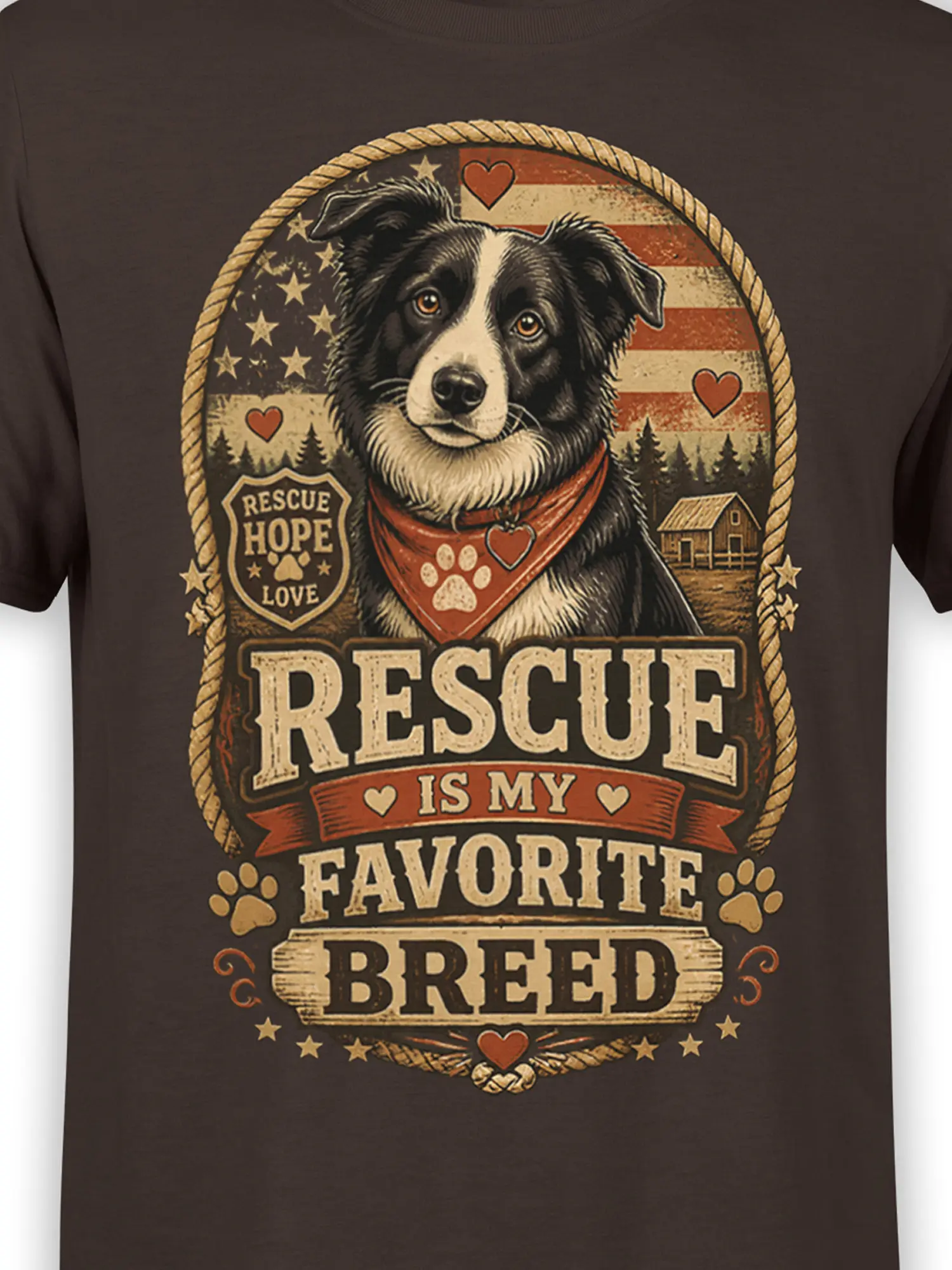 close-up of vintage rescue dog artwork with rope frame, American flag, hearts, and Rescue Is My Favorite Breed text