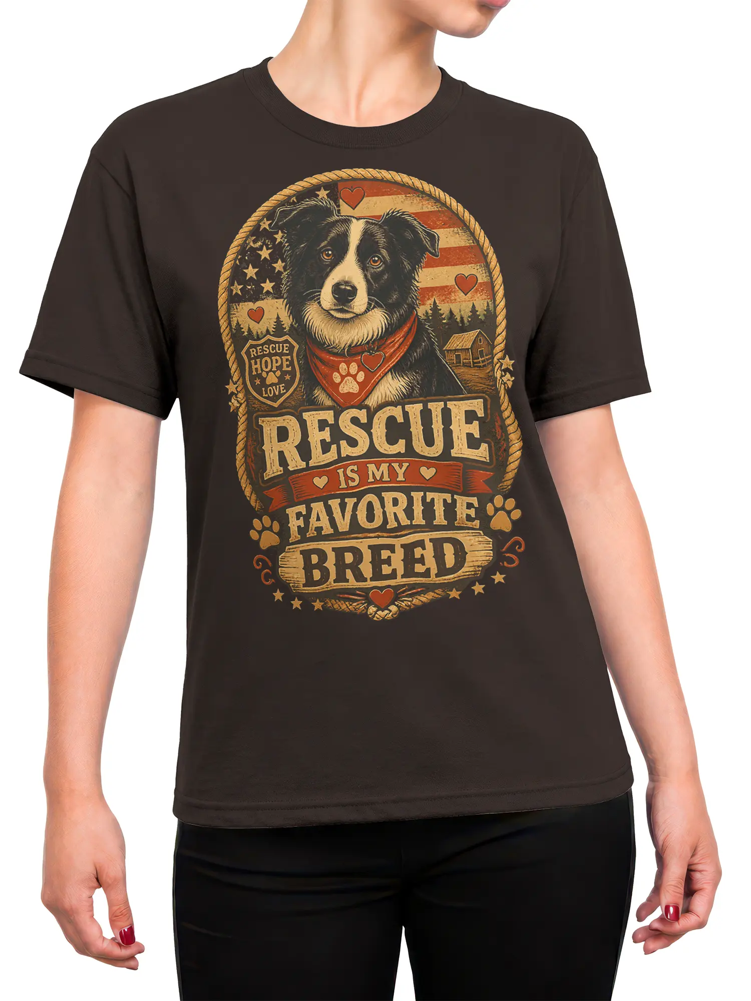 female model wearing brown rescue dog shirt with vintage Rescue Is My Favorite Breed design