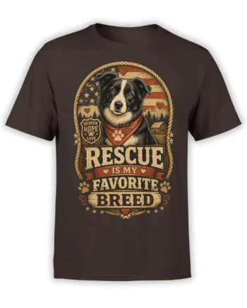 brown unisex t-shirt with vintage rescue dog graphic and Rescue Is My Favorite Breed slogan in rustic patriotic colors
