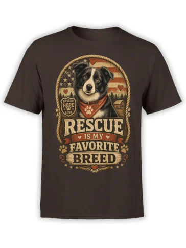 brown unisex t-shirt with vintage rescue dog graphic and Rescue Is My Favorite Breed slogan in rustic patriotic colors