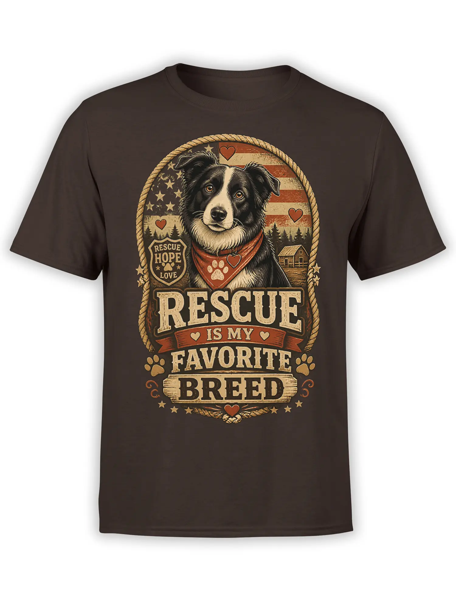 brown unisex t-shirt with vintage rescue dog graphic and Rescue Is My Favorite Breed slogan in rustic patriotic colors