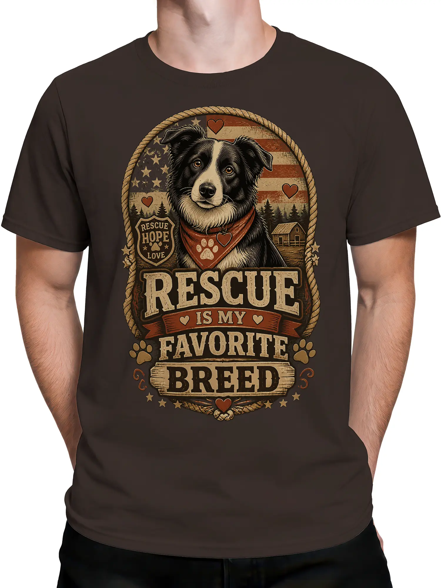 male model wearing brown rescue dog t-shirt with patriotic Rescue Is My Favorite Breed graphic
