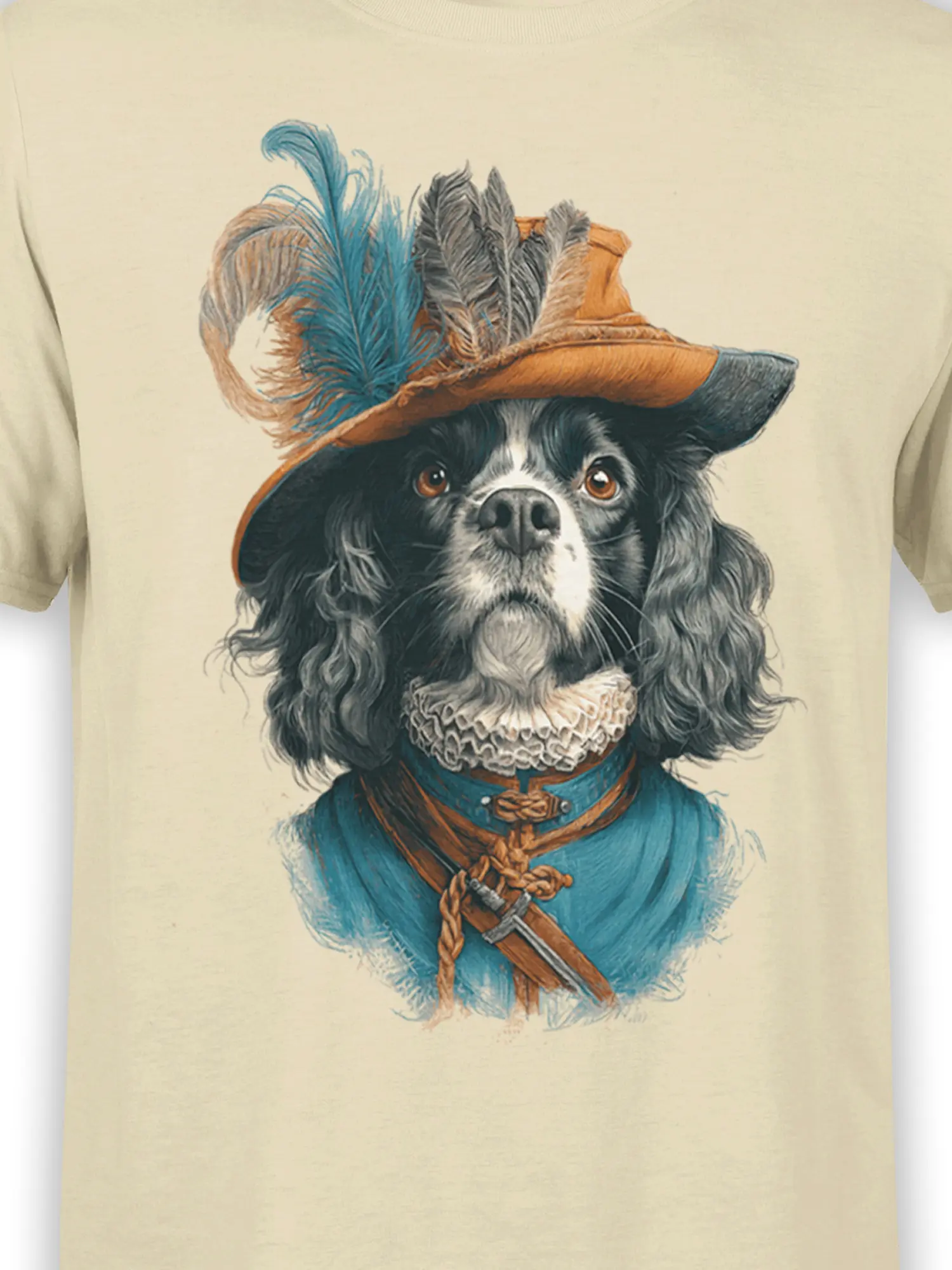 Close-up of musketeer spaniel dog design showing blue coat, lace collar, and multicolored feathered hat on beige t-shirt fabric