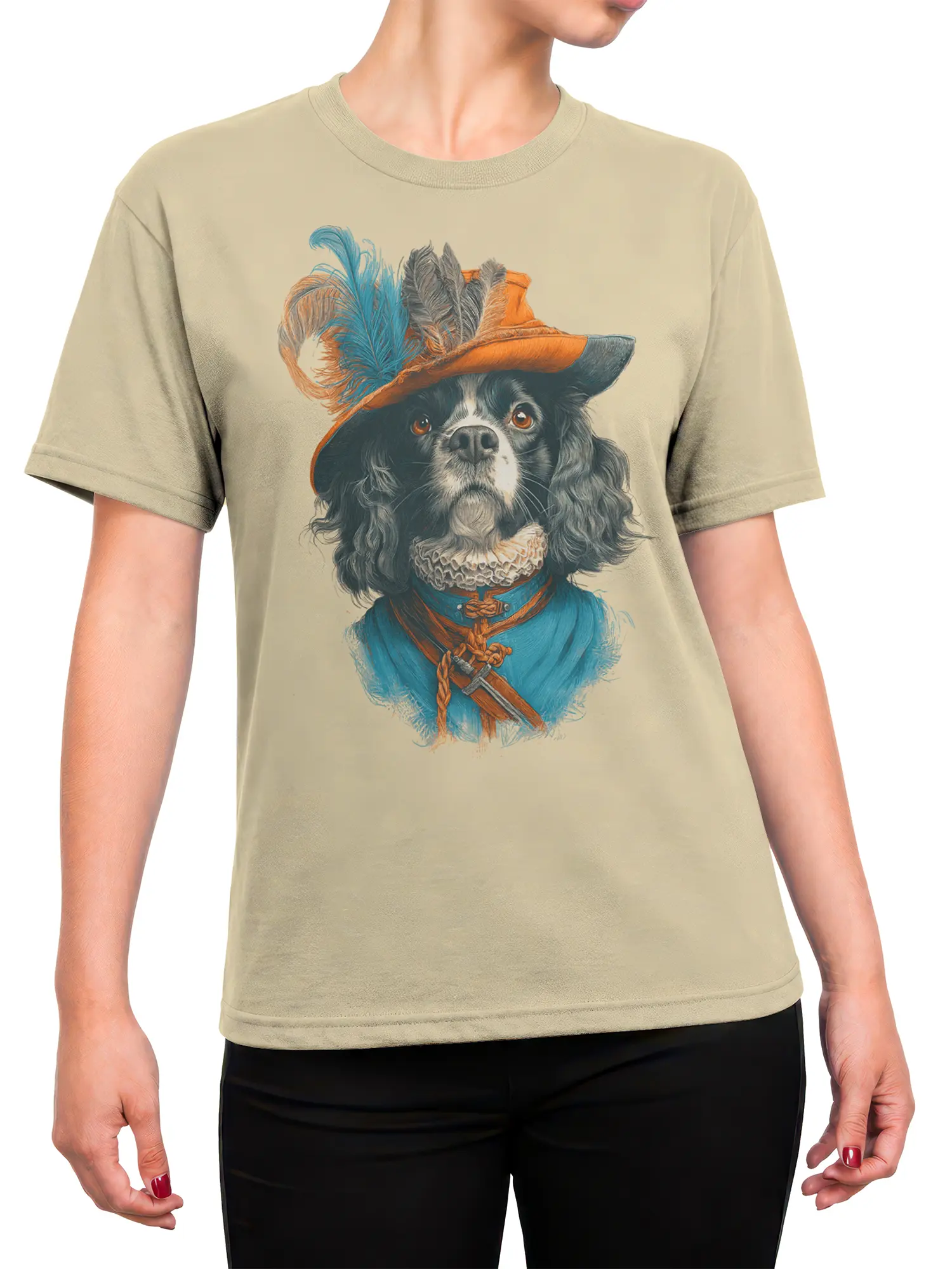 Woman wearing beige musketeer spaniel dog t-shirt, showing fit and placement of the regal dog portrait design