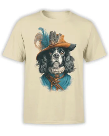 Front view of beige unisex t-shirt with detailed musketeer spaniel dog portrait in blue coat and feathered hat centered on the chest