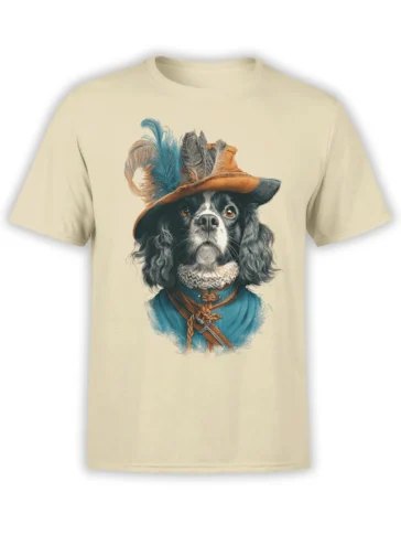 Front view of beige unisex t-shirt with detailed musketeer spaniel dog portrait in blue coat and feathered hat centered on the chest
