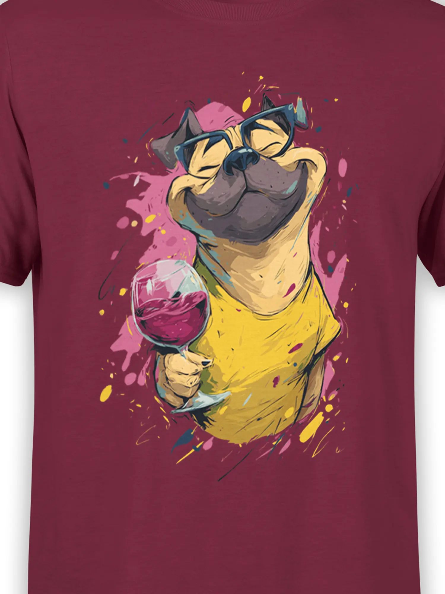 Close-up of pug with glasses and wine glass graphic on red t-shirt with colorful splatter details