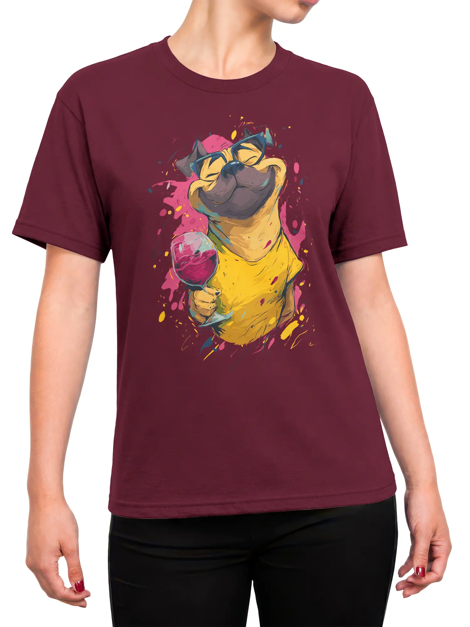 Woman wearing red pug wine dog t-shirt with smiling pug and wine glass graphic