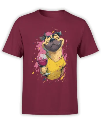 Front view of red unisex t-shirt with smiling pug in glasses holding a wine glass and colorful paint splashes