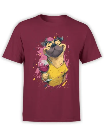 Front view of red unisex t-shirt with smiling pug in glasses holding a wine glass and colorful paint splashes