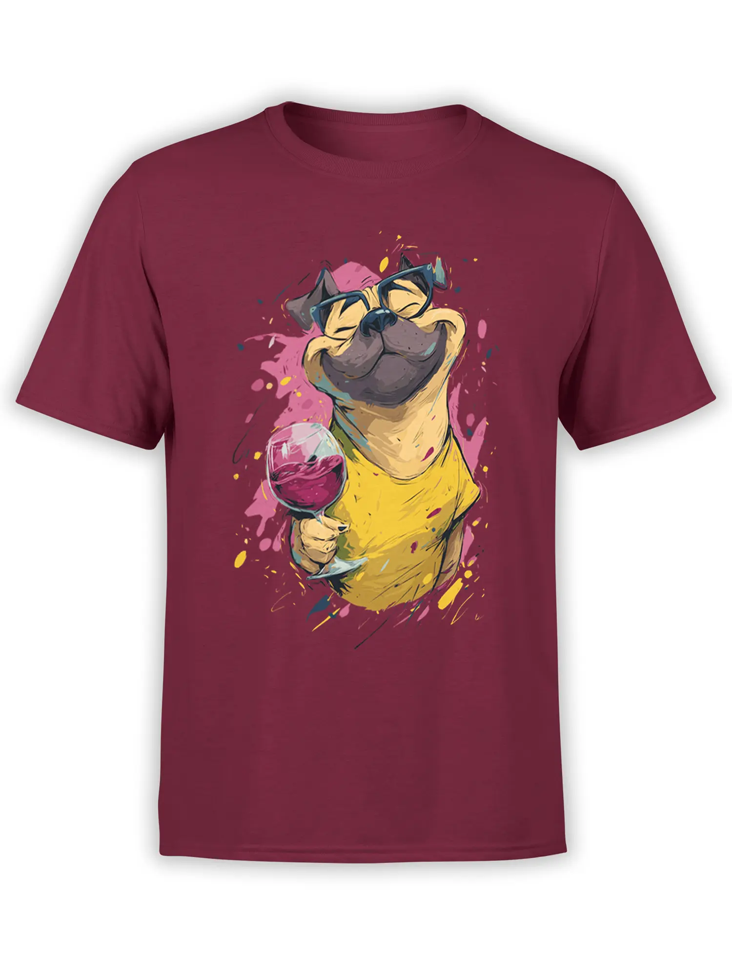 Front view of red unisex t-shirt with smiling pug in glasses holding a wine glass and colorful paint splashes