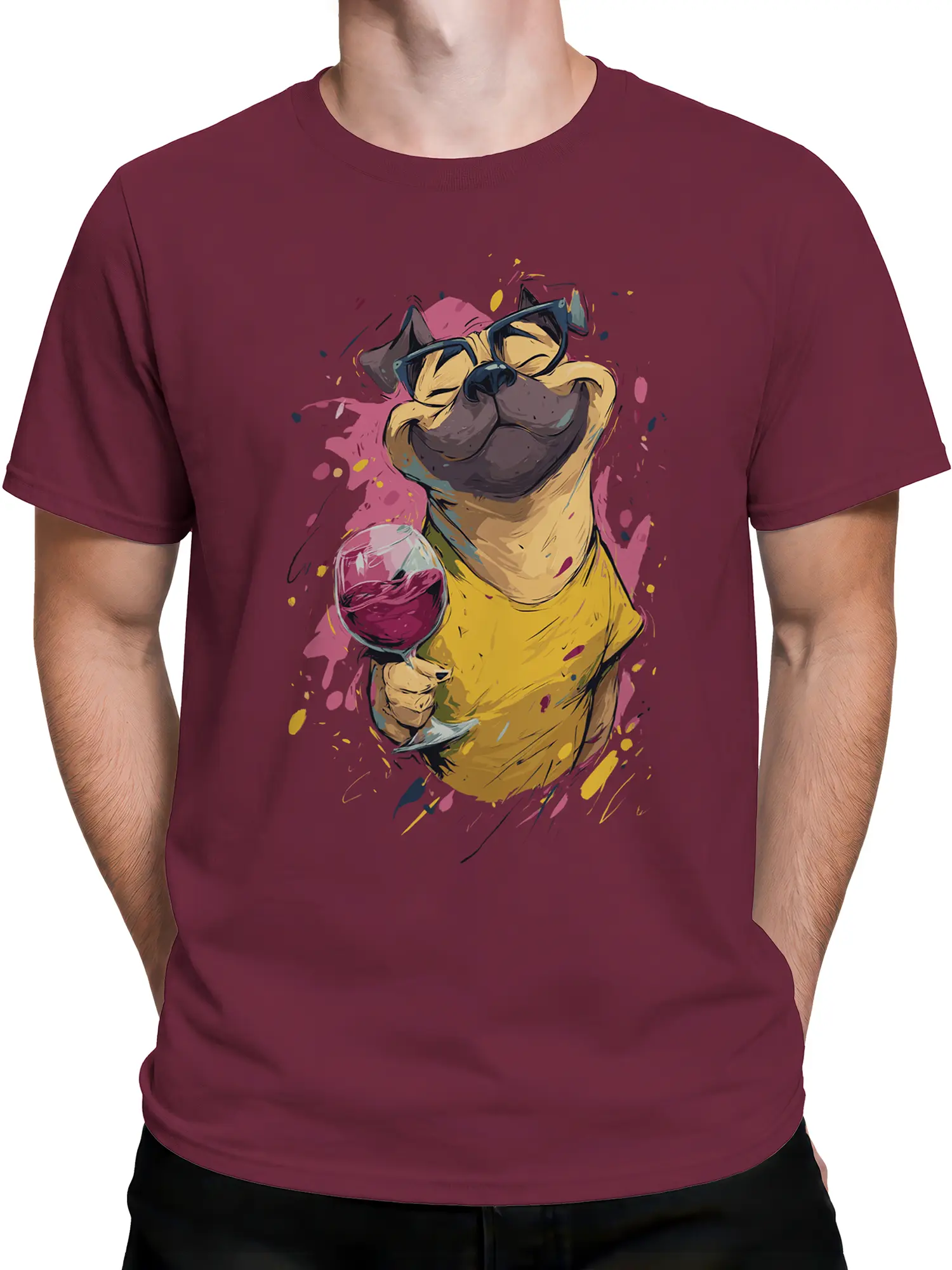 Man wearing red t-shirt with happy pug holding wine glass and colorful splashes