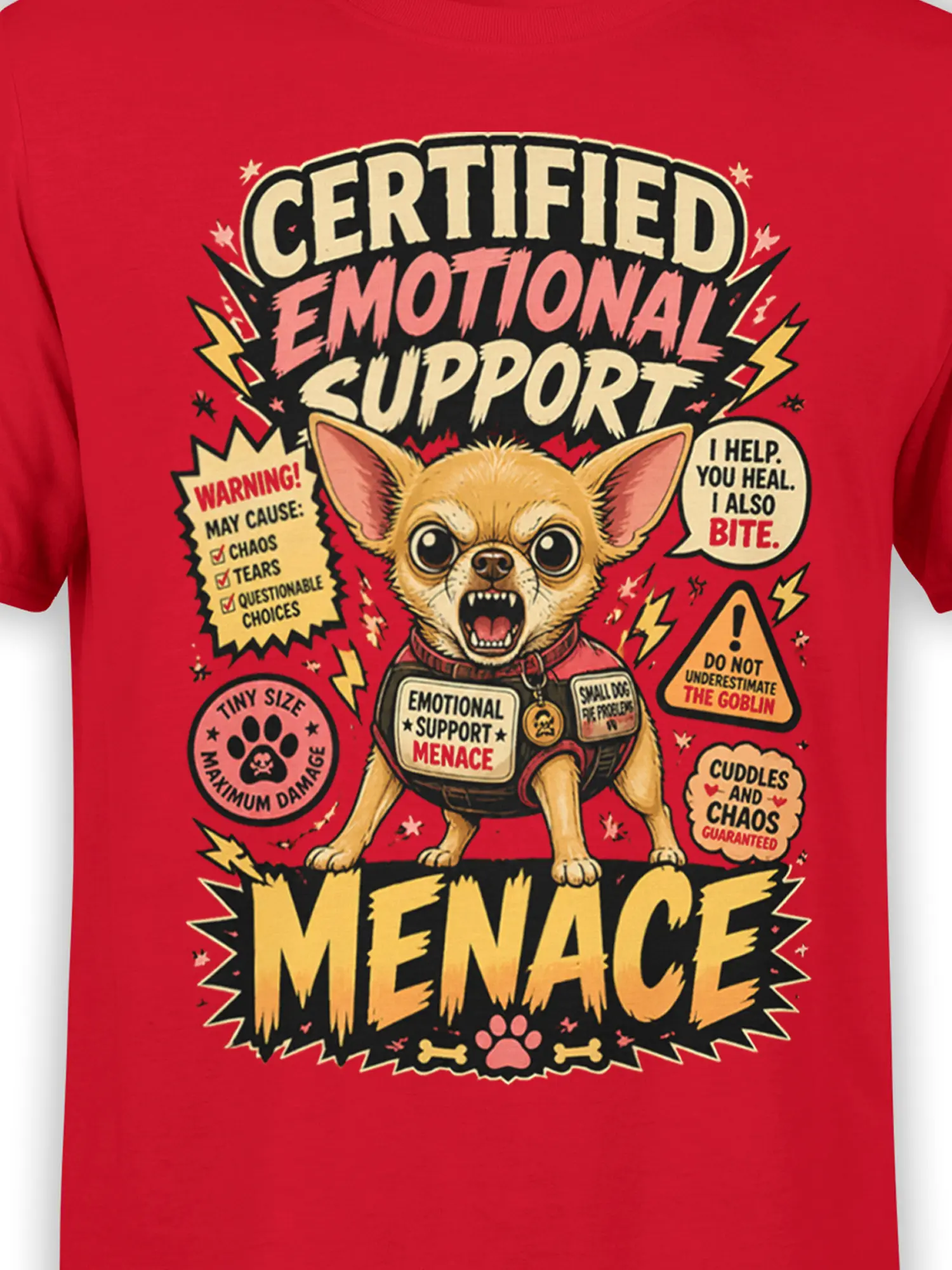 Close-up of cartoon chihuahua emotional support menace artwork with tiny size maximum damage and chaos warning labels
